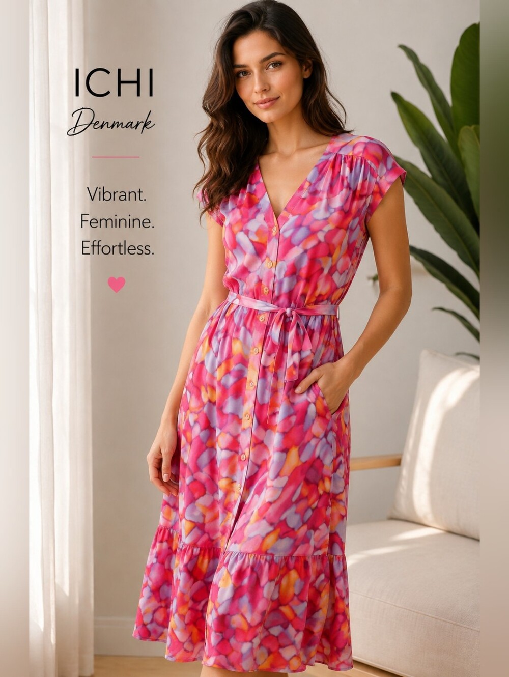 ICHI Belted Vibrant Pink And Purple Patterned Dress
